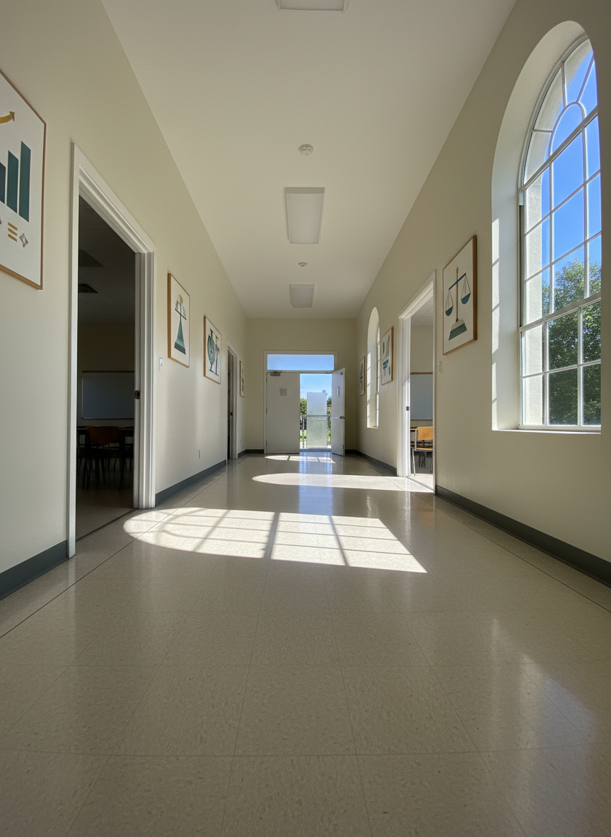 A long, photographic view down a bright university hallway with light-colored walls, large windows on one side, and open doors revealing generic classrooms without people. On the walls, abstract framed graphics use bars, scales, and balance imagery to suggest fairness and equity rather than specific text or logos. Sunlight streams through the windows, producing rhythmic patterns of light and shadow on the polished floor. Captured from a low, centered perspective with strong leading lines that draw the eye toward a distant vanishing point, the mood is optimistic yet serious, supporting themes of transparent admissions, policy change, and educational opportunity.